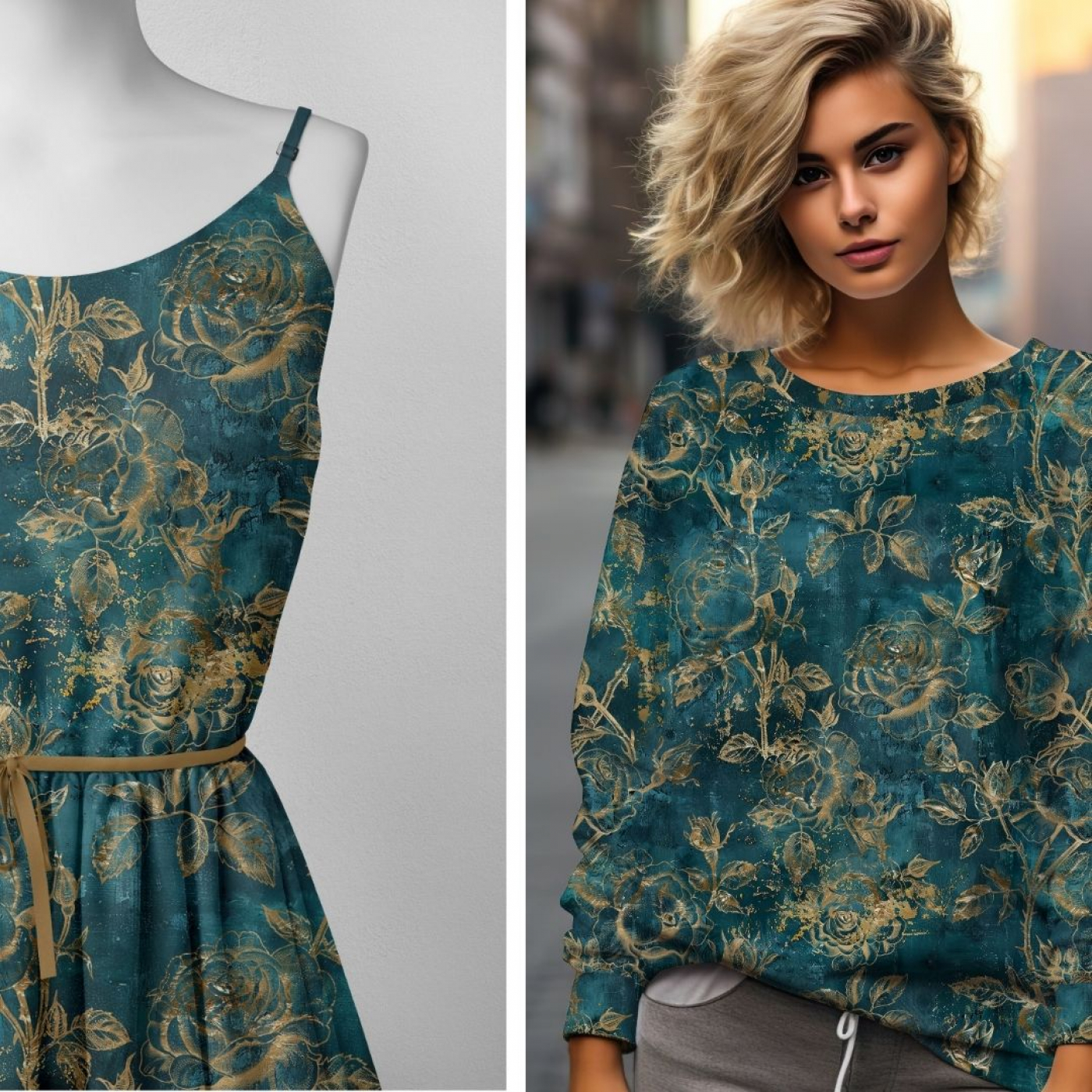 Bio Viskosejersey mit Überbreite (Stoffbreite ca. 170 cm): Eigenproduktion Roses & Teal  - von Graustufen-Stoffe